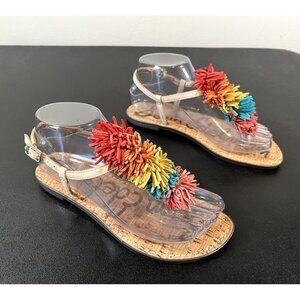 Sam Edelman Gates Leather Tan Rainbow Pride Fringe T-Strap Sandals Womens 6M